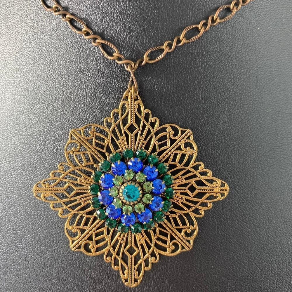 Liz Palacios Statement Filigree Floral Pendant Necklace Blue Swarovski Crystals
